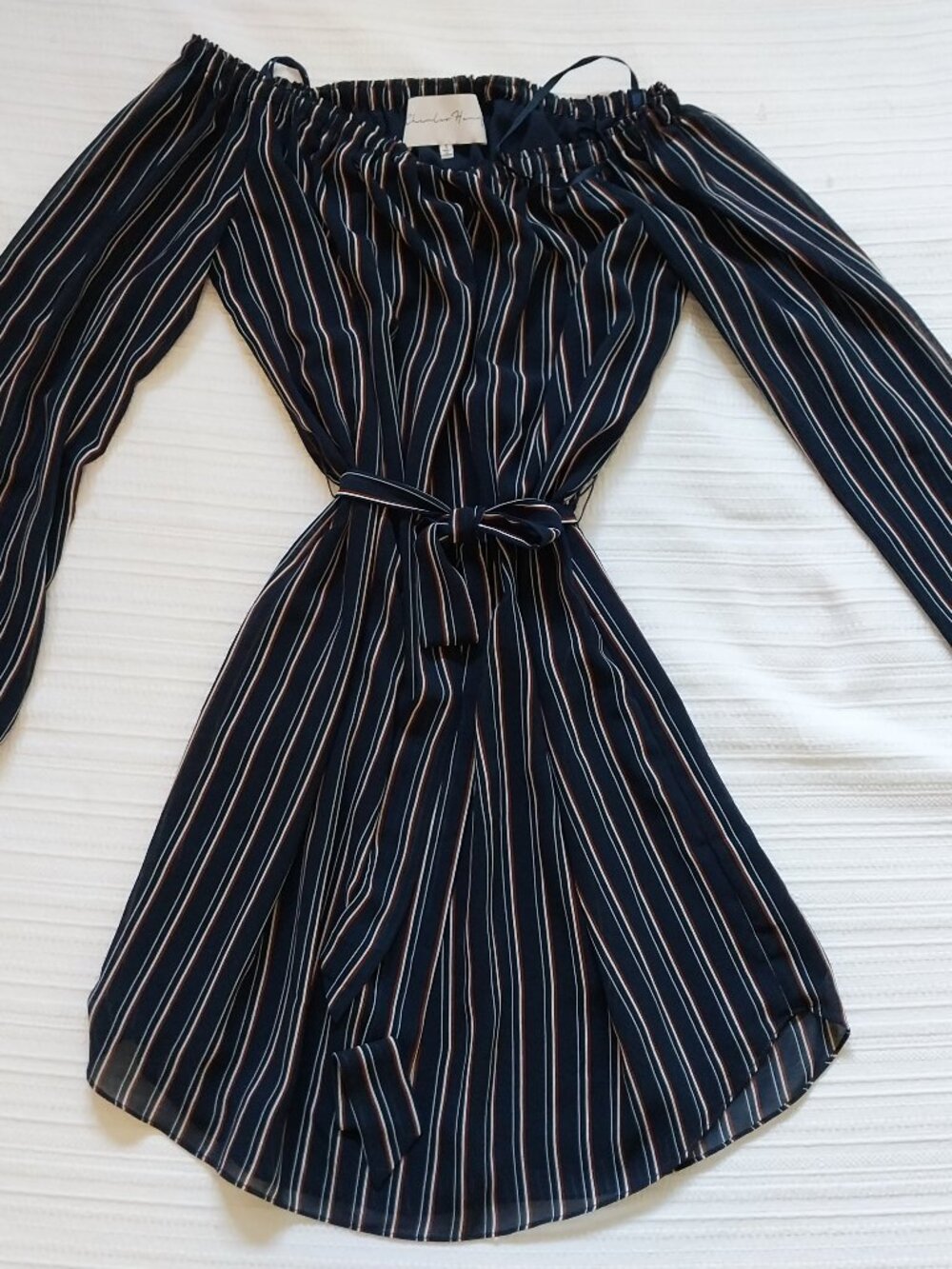 Charles Henry Off Shoulder Mini Belted Dress Navy Blue Vertical Stripes Small